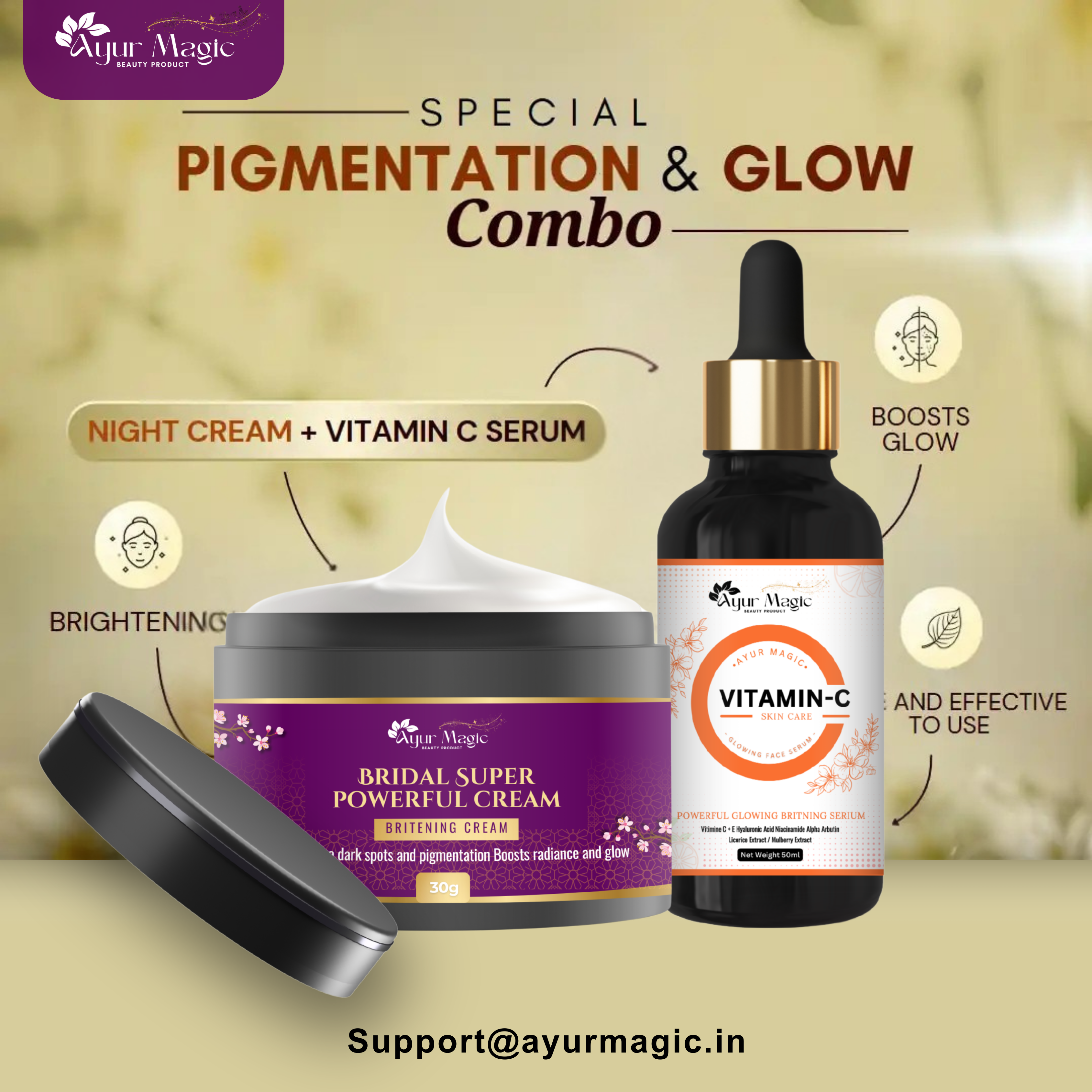SPECIAL MAHA Pigmentation & Glow Skin Brighten Combo | Night Cream + Vitamin C Serum